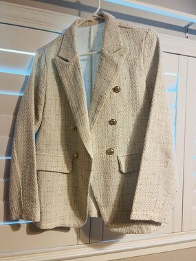 SHEIN Cream Tweed Double-Breasted Blazer with Gold Buttons